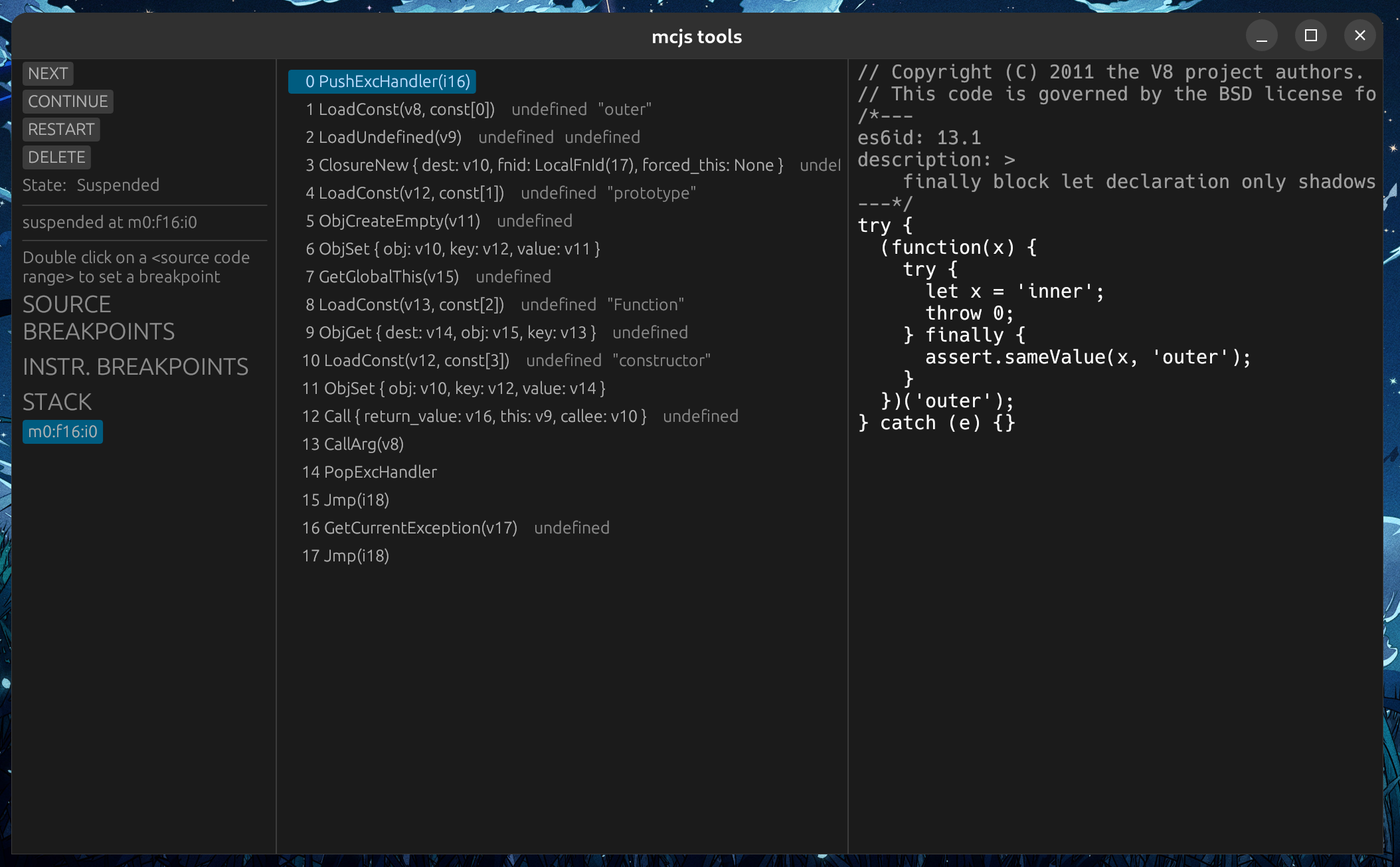 A screenshot of the mcjs debugger. It&rsquo;s divided in three panes: one for commands, one listing the current function&rsquo;s bytecode, and another showing the original JavaScript.