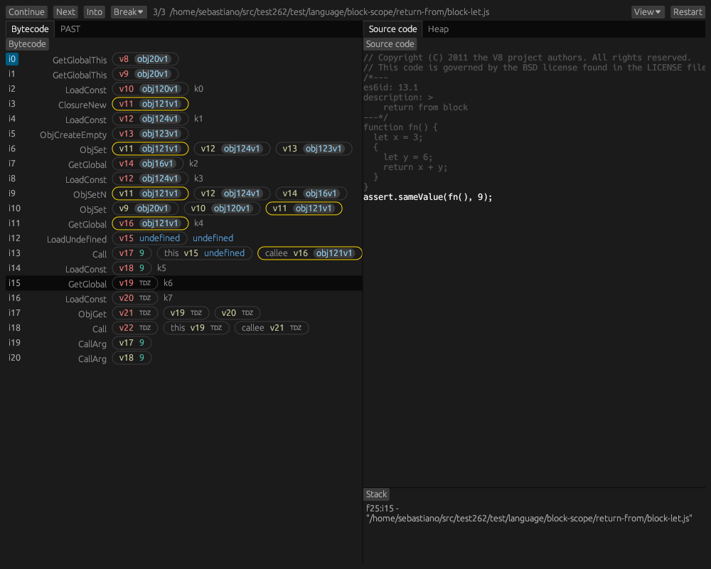Screenshot of the mcjs debugger, mcjs_tools. Shows some instructions on the left, and
some source code on the right.